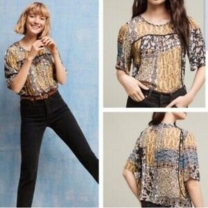 Anthropologie Weston Mixed Print Deka boho filmy blouse top S NEW